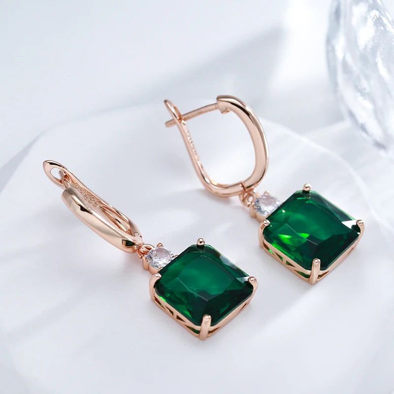 Stunning Long Dangle Earrings with Hot Square Green Stone in 585 Rose Gold and Natural Zircon Accents