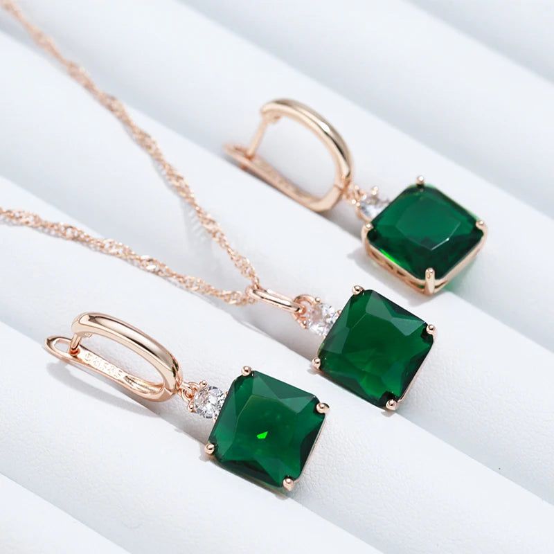 Stunning Long Dangle Earrings with Hot Square Green Stone in 585 Rose Gold and Natural Zircon Accents