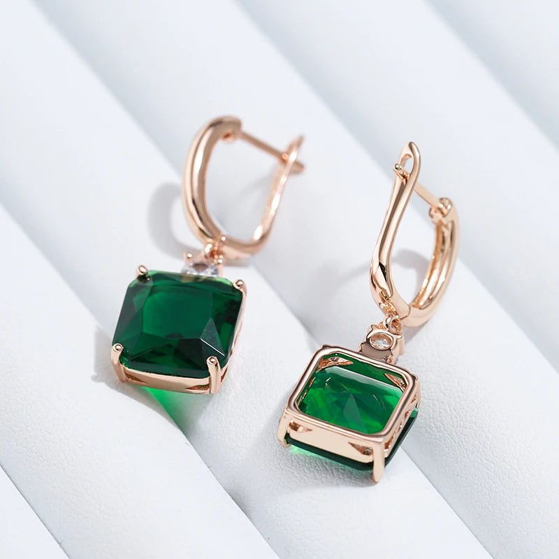 Stunning Long Dangle Earrings with Hot Square Green Stone in 585 Rose Gold and Natural Zircon Accents