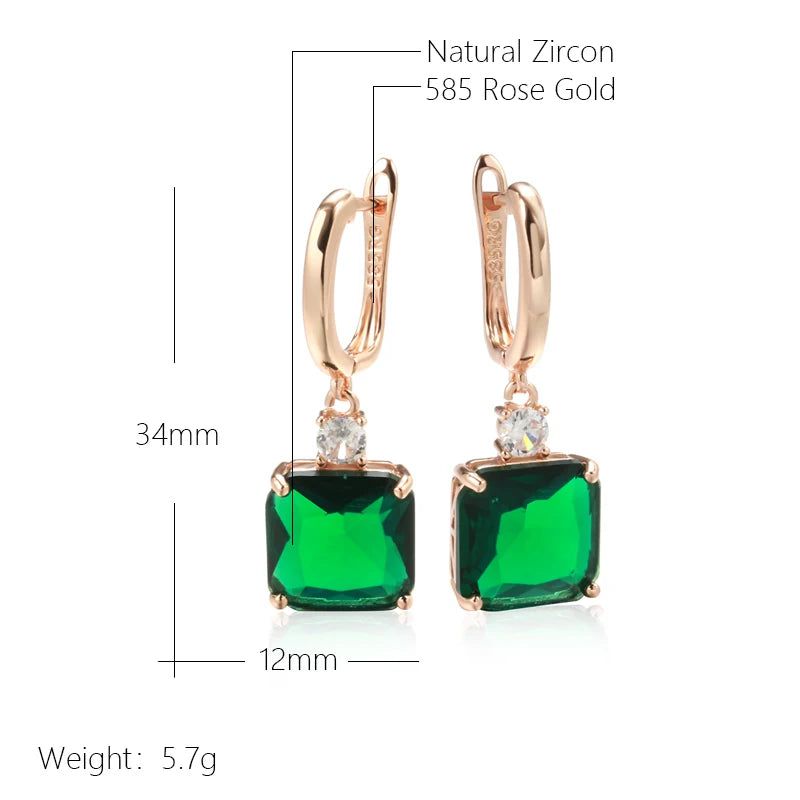 Stunning Long Dangle Earrings with Hot Square Green Stone in 585 Rose Gold and Natural Zircon Accents