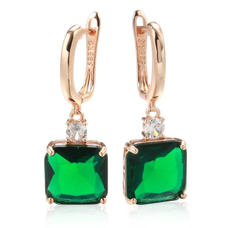 Stunning Long Dangle Earrings with Hot Square Green Stone in 585 Rose Gold and Natural Zircon Accents