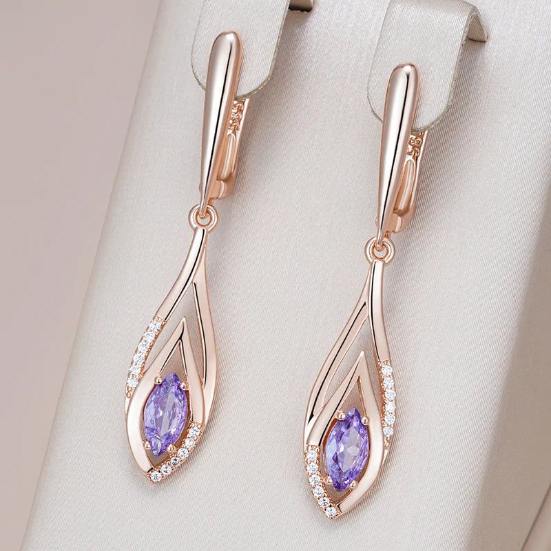 Stunning Long Dangle Earrings with Purple Natural Zircon in Vintage Rose Gold Finish