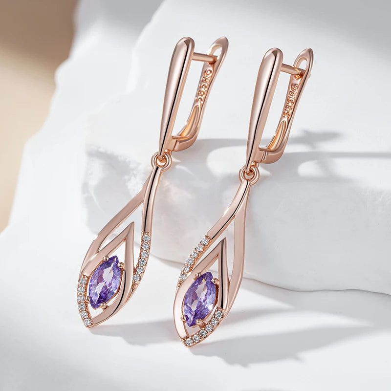 Stunning Long Dangle Earrings with Purple Natural Zircon in Vintage Rose Gold Finish