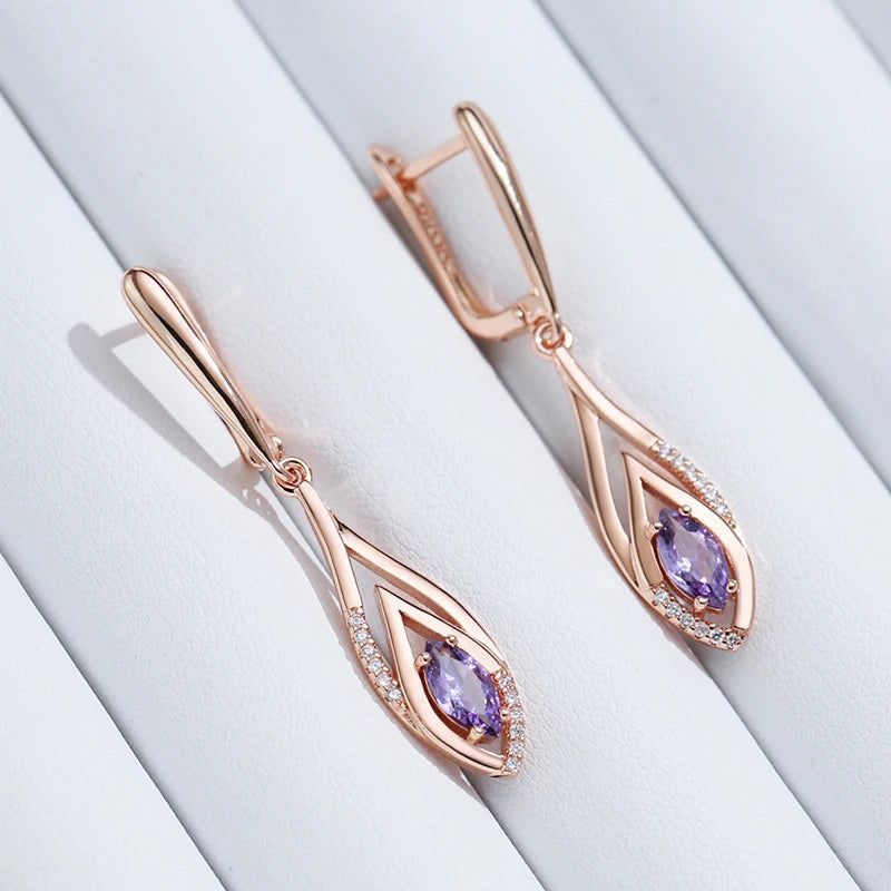 Stunning Long Dangle Earrings with Purple Natural Zircon in Vintage Rose Gold Finish