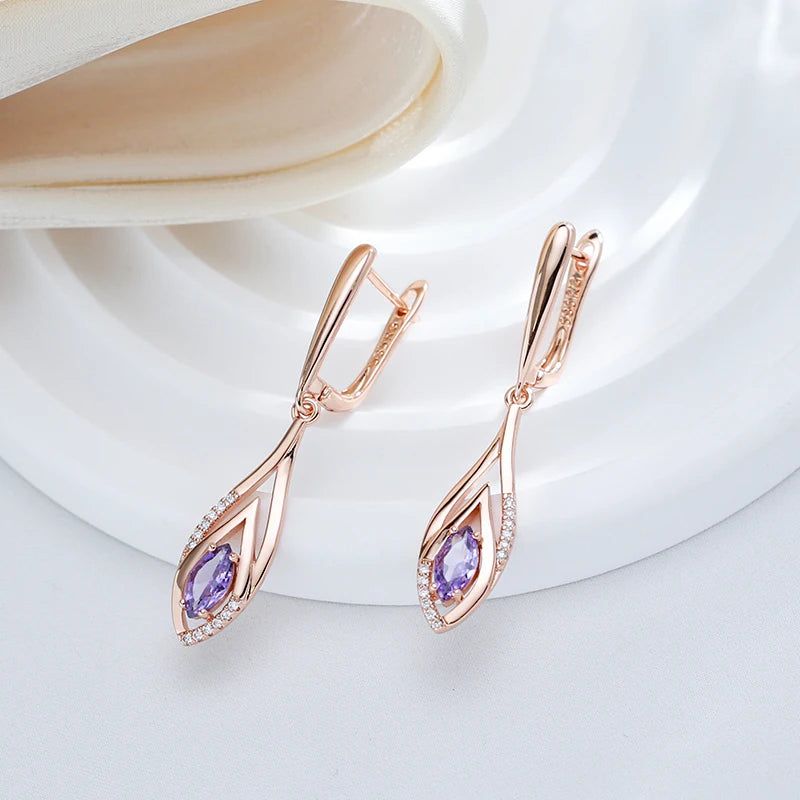 Stunning Long Dangle Earrings with Purple Natural Zircon in Vintage Rose Gold Finish