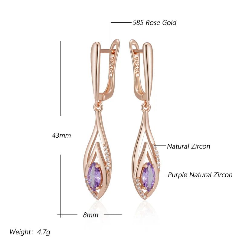 Stunning Long Dangle Earrings with Purple Natural Zircon in Vintage Rose Gold Finish