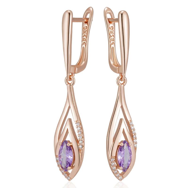 Stunning Long Dangle Earrings with Purple Natural Zircon in Vintage Rose Gold Finish