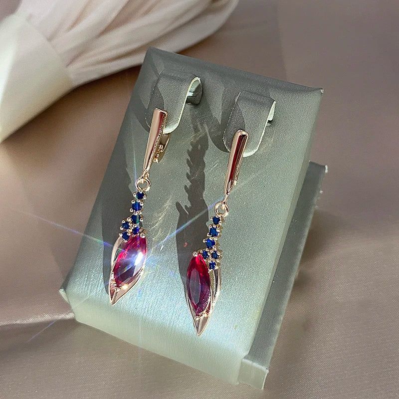 Stunning Long Drop Earrings with Red Stone and Blue Zircon in 585 Rose Gold - Vintage Elegance