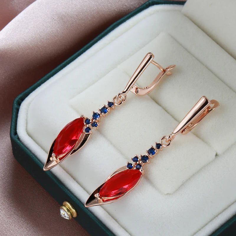 Stunning Long Drop Earrings with Red Stone and Blue Zircon in 585 Rose Gold - Vintage Elegance