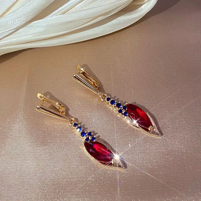 Stunning Long Drop Earrings with Red Stone and Blue Zircon in 585 Rose Gold - Vintage Elegance