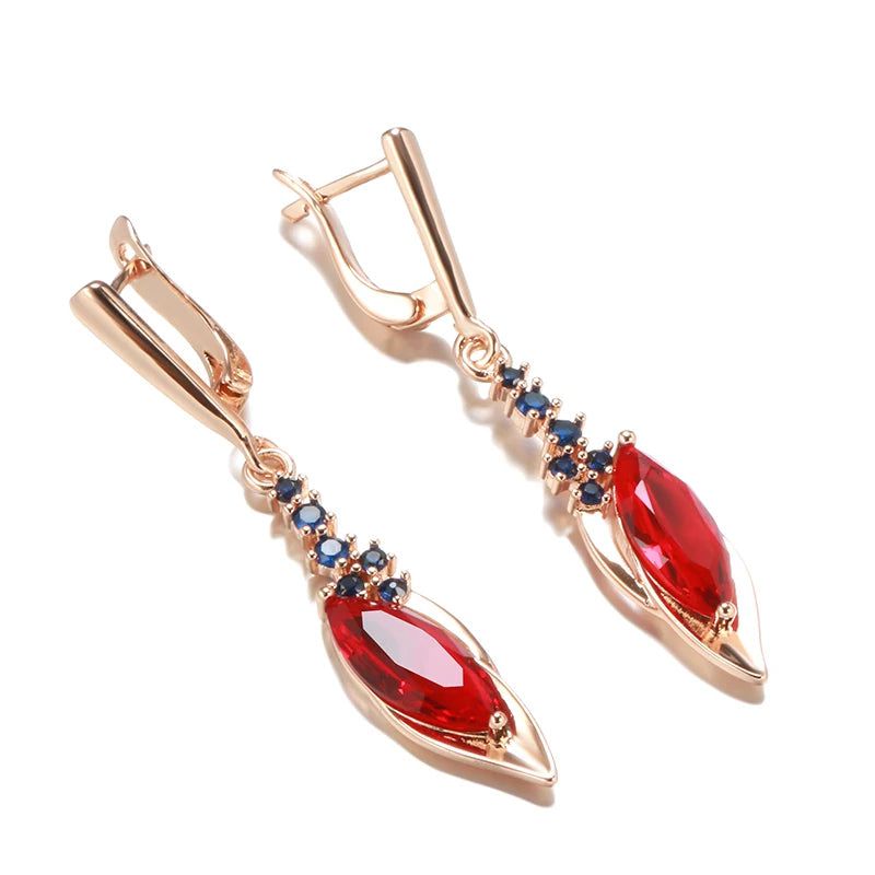 Stunning Long Drop Earrings with Red Stone and Blue Zircon in 585 Rose Gold - Vintage Elegance