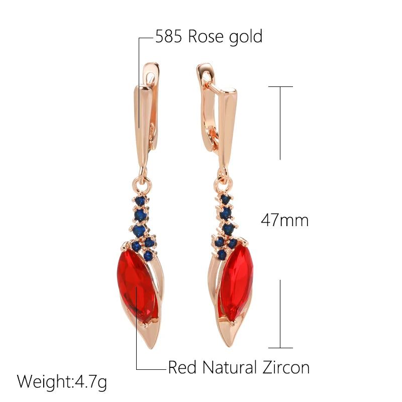 Stunning Long Drop Earrings with Red Stone and Blue Zircon in 585 Rose Gold - Vintage Elegance