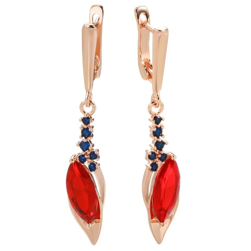 Stunning Long Drop Earrings with Red Stone and Blue Zircon in 585 Rose Gold - Vintage Elegance