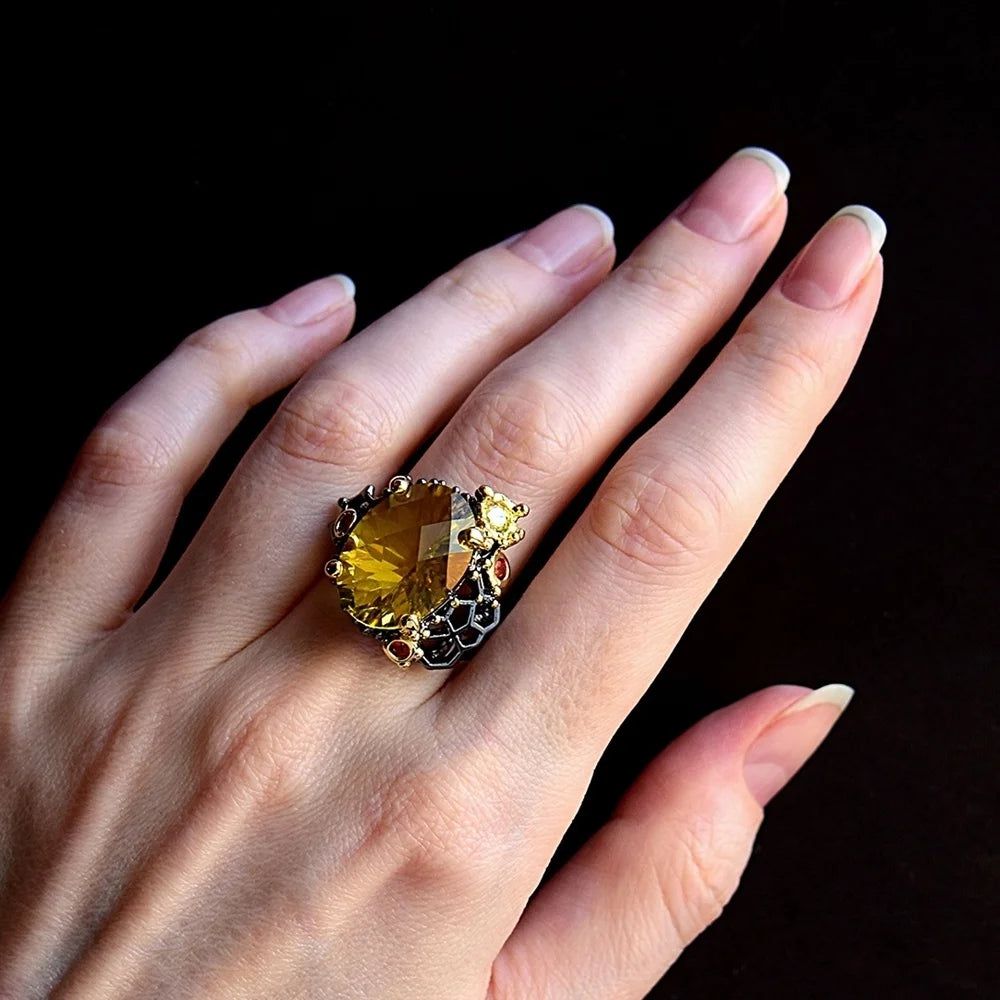 Stunning Neo-Gothic Cocktail Ring with Radiant Cut Zirconia in Black & Gold