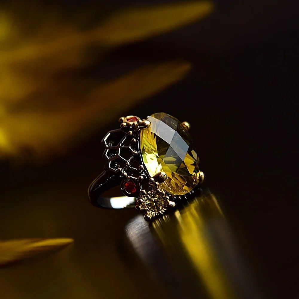 Stunning Neo-Gothic Cocktail Ring with Radiant Cut Zirconia in Black & Gold