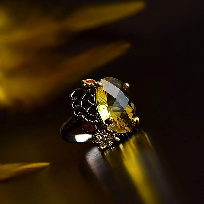 Stunning Neo-Gothic Cocktail Ring with Radiant Cut Zirconia in Black & Gold