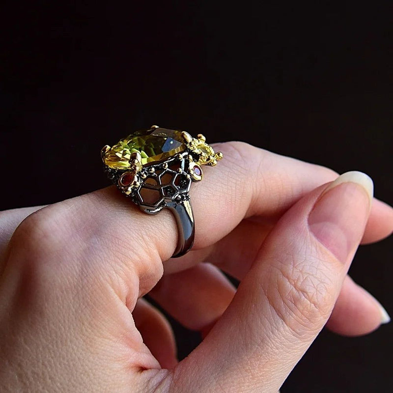 Stunning Neo-Gothic Cocktail Ring with Radiant Cut Zirconia in Black & Gold