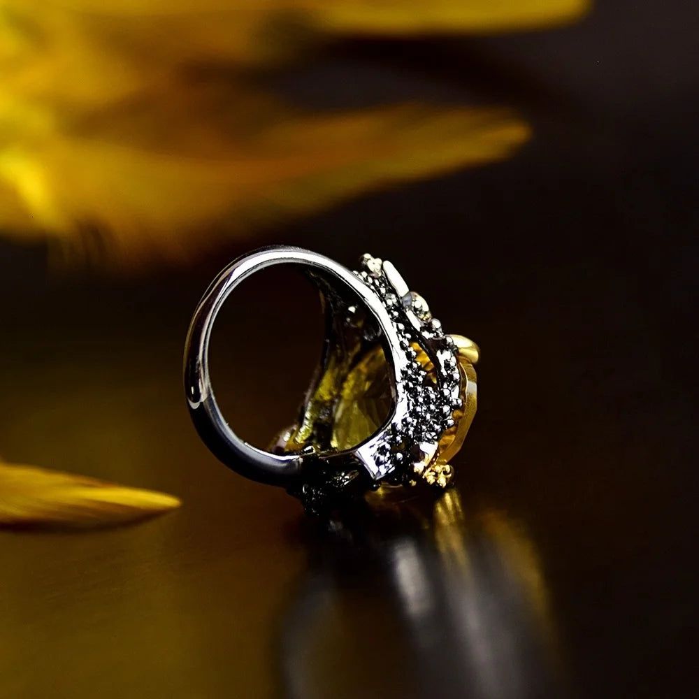 Stunning Neo-Gothic Cocktail Ring with Radiant Cut Zirconia in Black & Gold