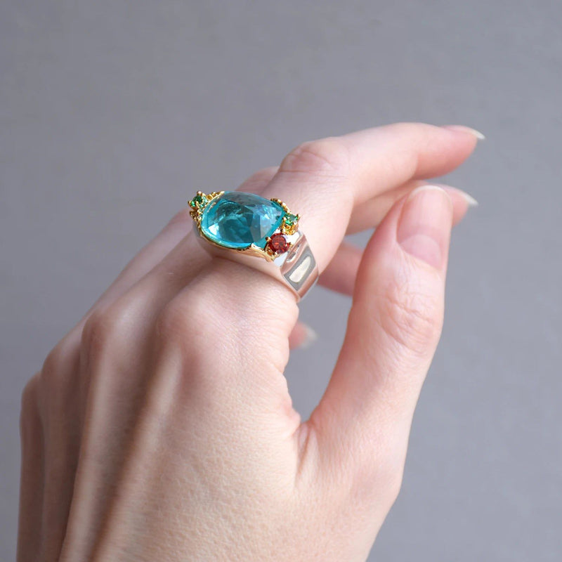 Stunning Neo-Gothic Cocktail Ring with Vibrant Blue Zircon and Multi-Color Accents