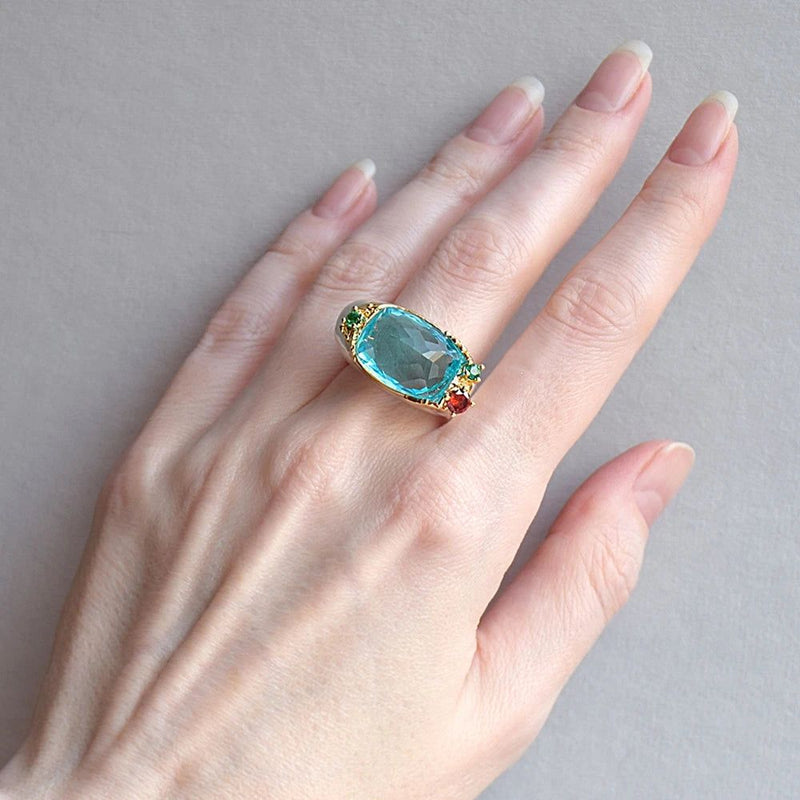 Stunning Neo-Gothic Cocktail Ring with Vibrant Blue Zircon and Multi-Color Accents