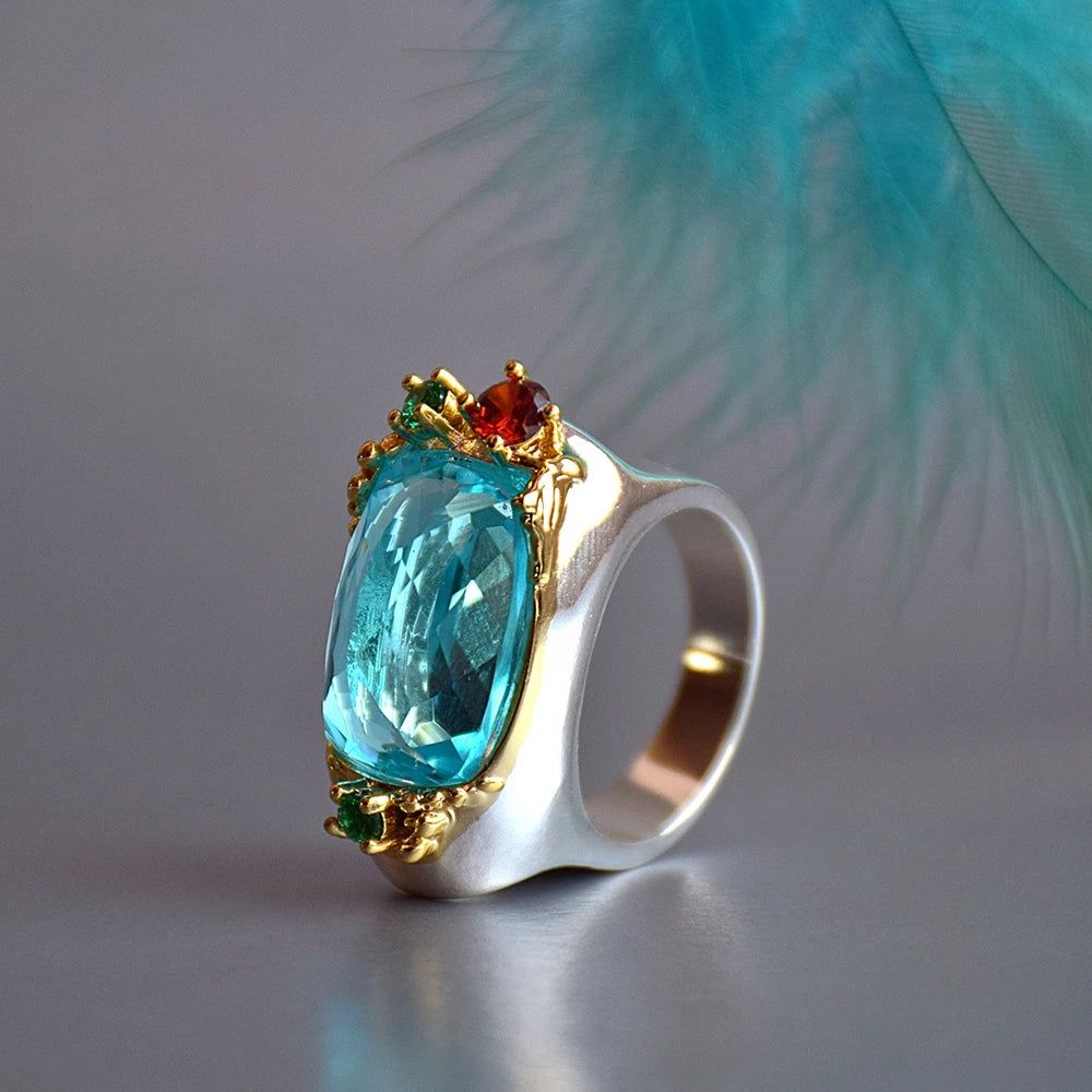 Stunning Neo-Gothic Cocktail Ring with Vibrant Blue Zircon and Multi-Color Accents