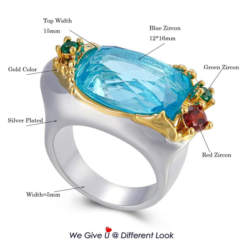 Stunning Neo-Gothic Cocktail Ring with Vibrant Blue Zircon and Multi-Color Accents