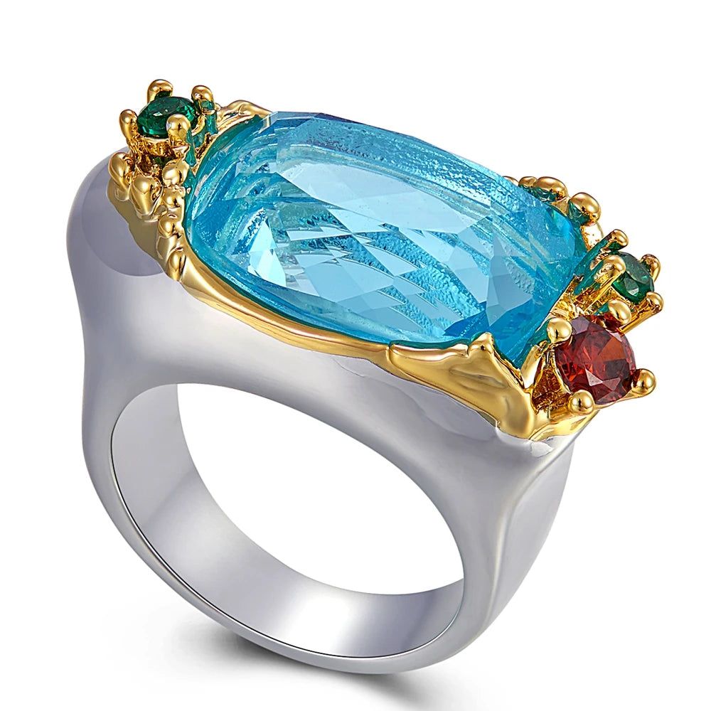 Stunning Neo-Gothic Cocktail Ring with Vibrant Blue Zircon and Multi-Color Accents