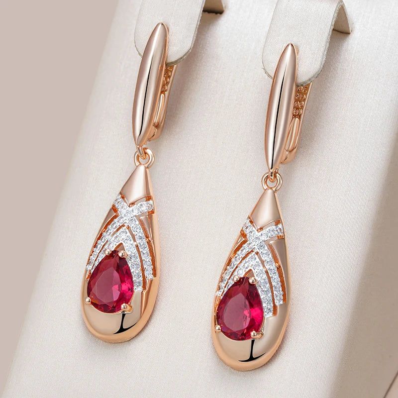 Stunning Red Natural Zircon Drop Earrings in Elegant Rose Gold and Antique Silver Finish