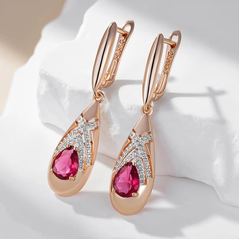 Stunning Red Natural Zircon Drop Earrings in Elegant Rose Gold and Antique Silver Finish