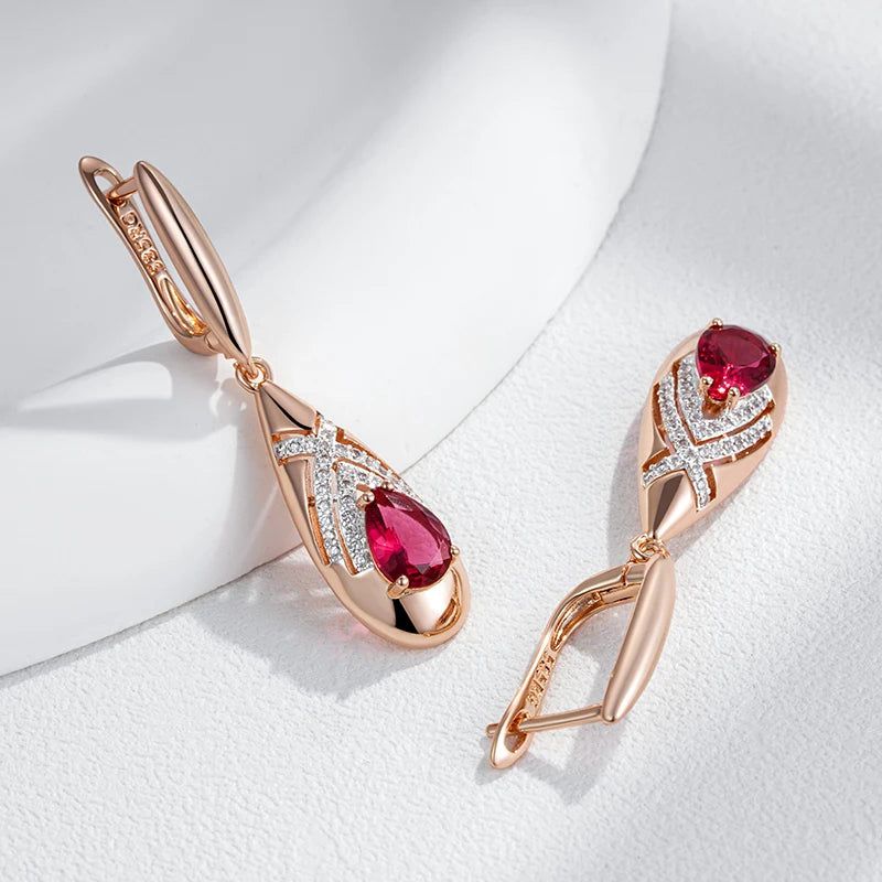 Stunning Red Natural Zircon Drop Earrings in Elegant Rose Gold and Antique Silver Finish