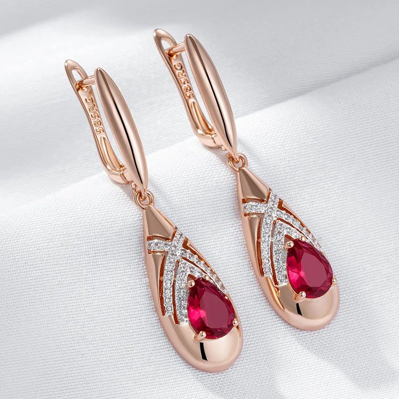 Stunning Red Natural Zircon Drop Earrings in Elegant Rose Gold and Antique Silver Finish