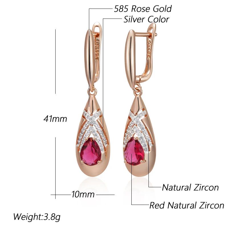 Stunning Red Natural Zircon Drop Earrings in Elegant Rose Gold and Antique Silver Finish