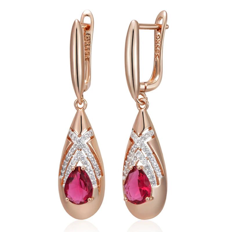 Stunning Red Natural Zircon Drop Earrings in Elegant Rose Gold and Antique Silver Finish