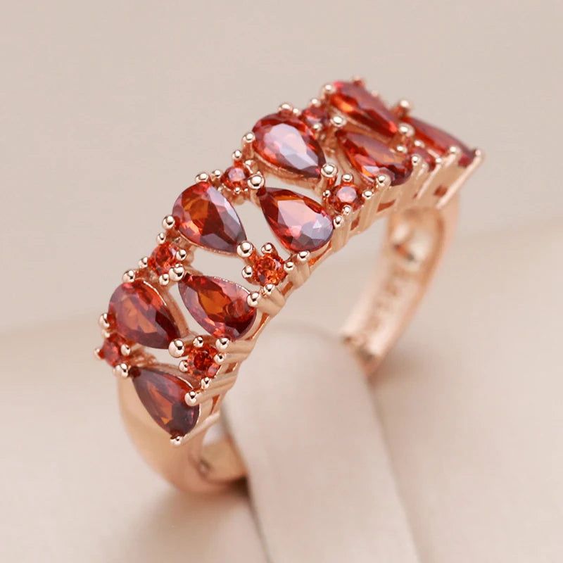 Stunning Red Natural Zircon Paved Cocktail Ring in 585 Rose Gold Color