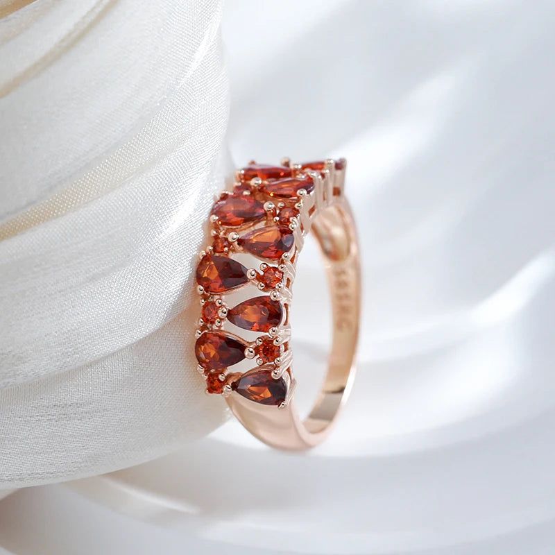 Stunning Red Natural Zircon Paved Cocktail Ring in 585 Rose Gold Color