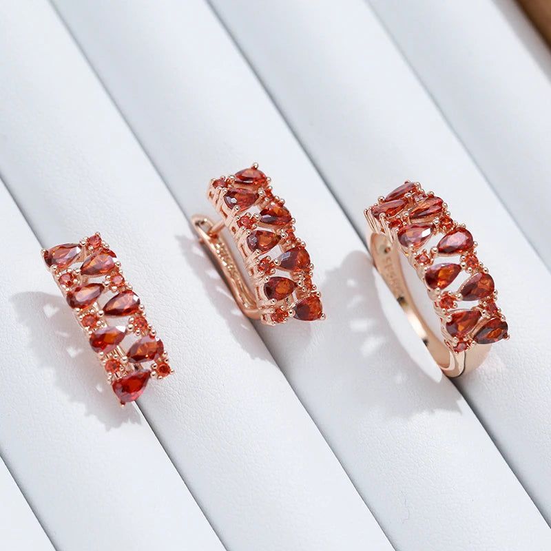 Stunning Red Natural Zircon Paved Cocktail Ring in 585 Rose Gold Color