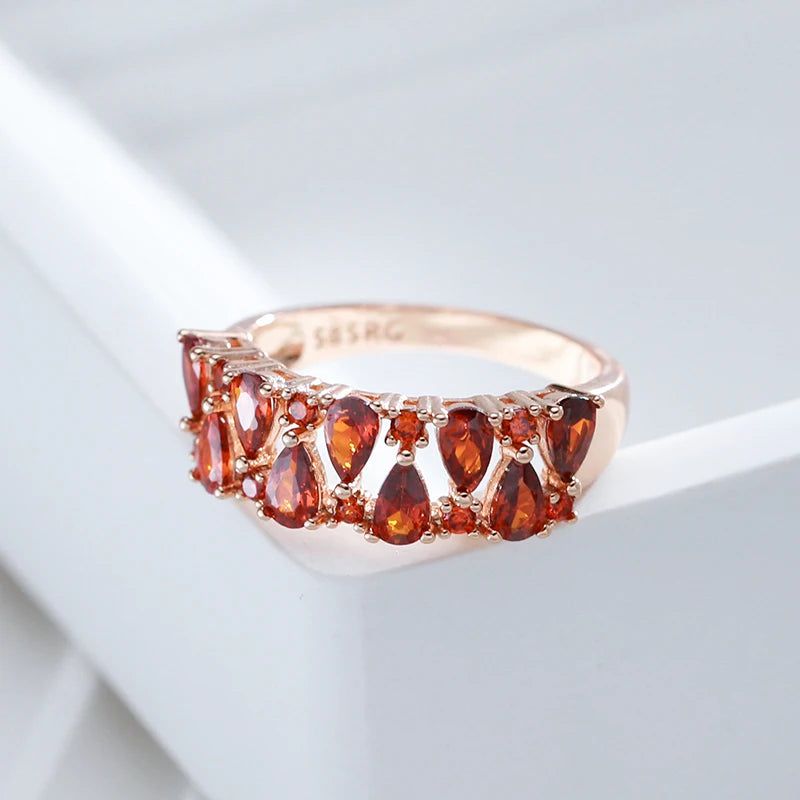 Stunning Red Natural Zircon Paved Cocktail Ring in 585 Rose Gold Color