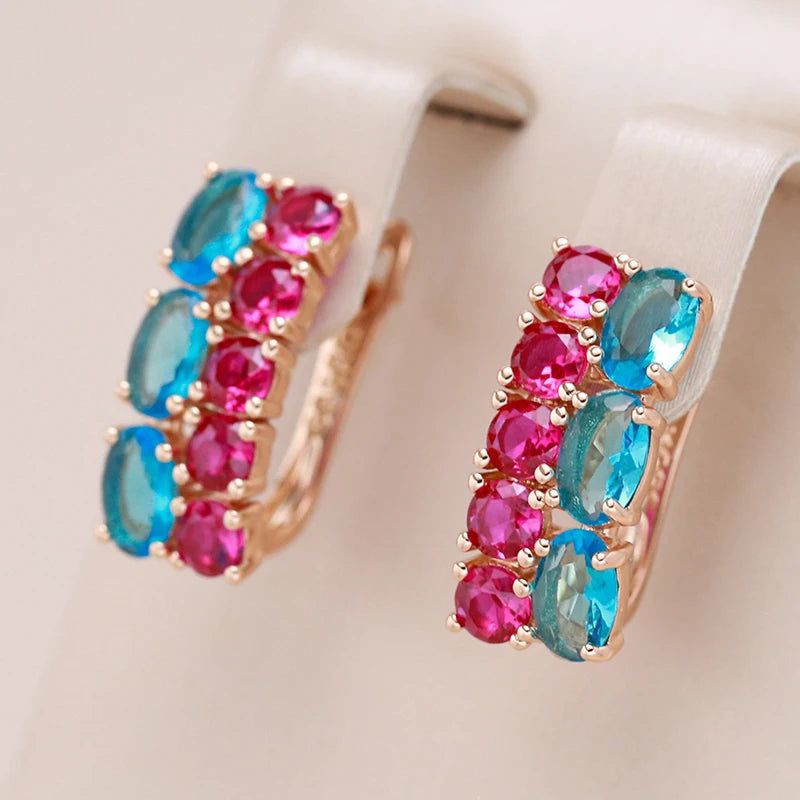 Stunning Vintage-Inspired Blue and Red Zircon Square Dangle Earrings in 585 Rose Gold Finish