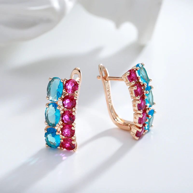 Stunning Vintage-Inspired Blue and Red Zircon Square Dangle Earrings in 585 Rose Gold Finish