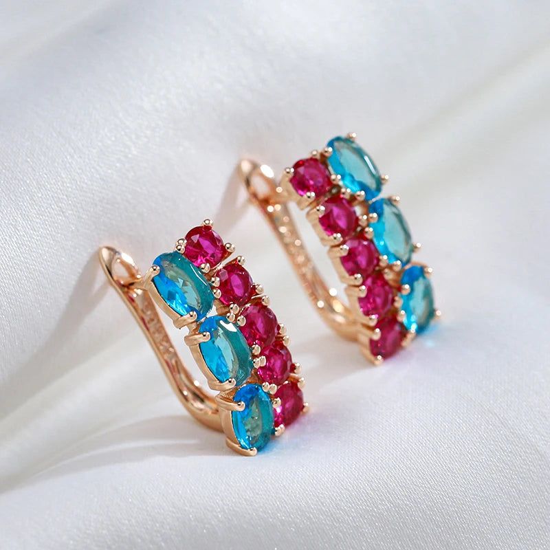 Stunning Vintage-Inspired Blue and Red Zircon Square Dangle Earrings in 585 Rose Gold Finish