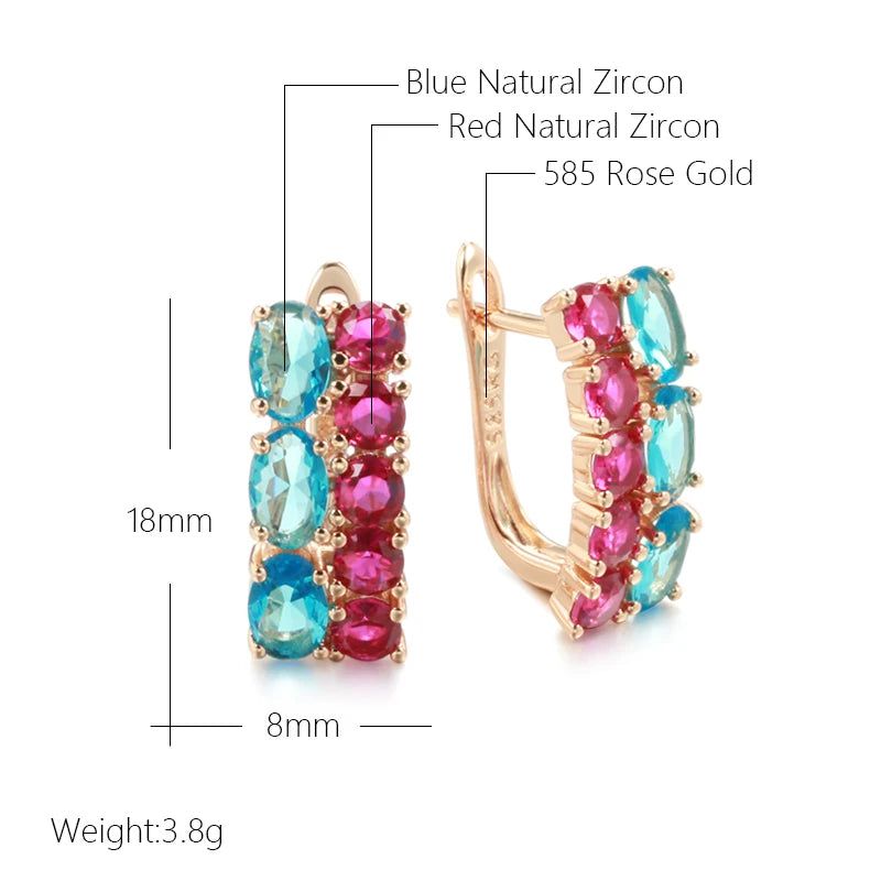 Stunning Vintage-Inspired Blue and Red Zircon Square Dangle Earrings in 585 Rose Gold Finish