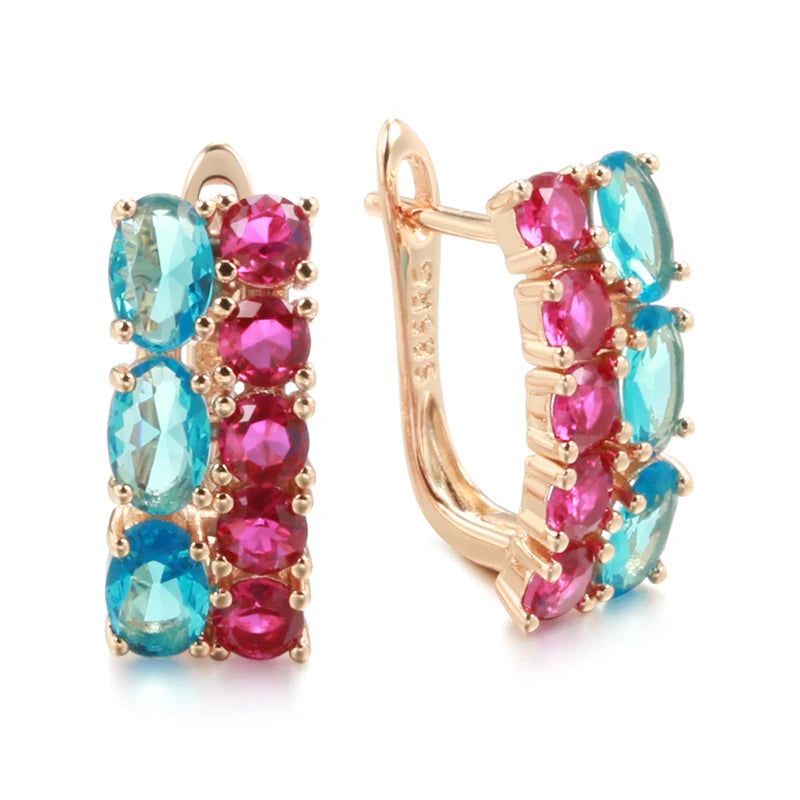 Stunning Vintage-Inspired Blue and Red Zircon Square Dangle Earrings in 585 Rose Gold Finish