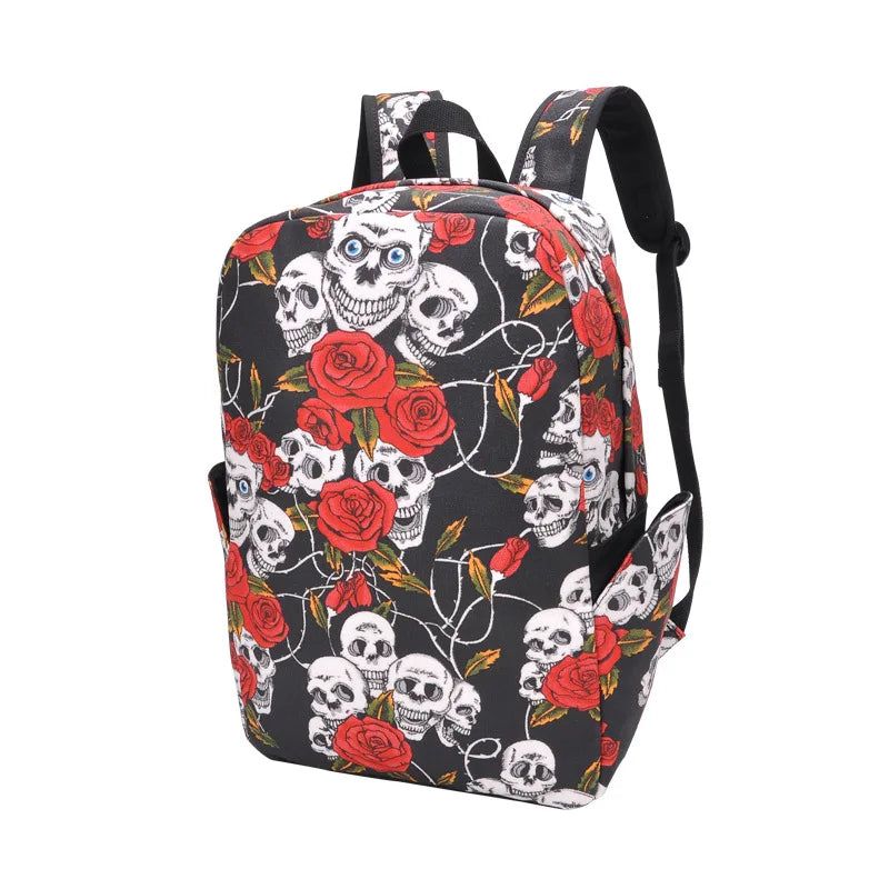 Stylish 3D Skull Rose Denim Backpack for Men & Women - Large Capacity Halloween Travel and Student Bag