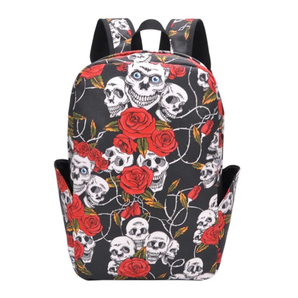 Stylish 3D Skull Rose Denim Backpack for Men & Women - Large Capacity Halloween Travel and Student Bag