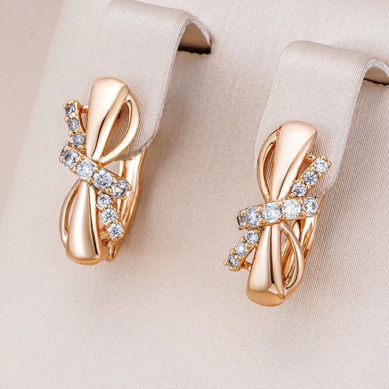 Stylish 585 Rose Gold Bowknot Drop Earrings with Natural Zircon Stones