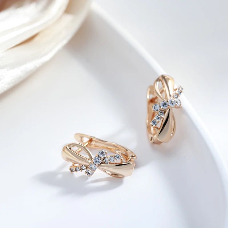 Stylish 585 Rose Gold Bowknot Drop Earrings with Natural Zircon Stones