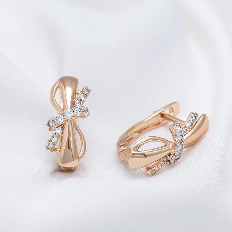 Stylish 585 Rose Gold Bowknot Drop Earrings with Natural Zircon Stones