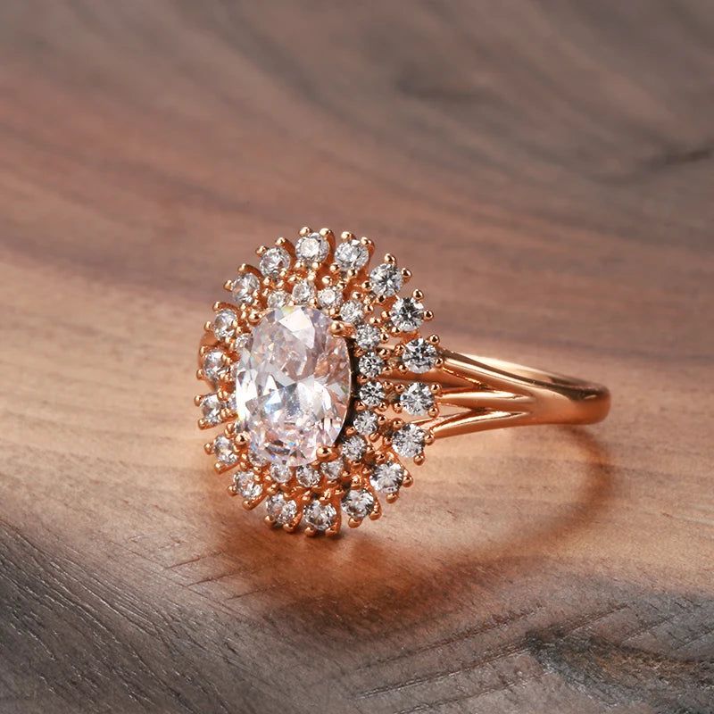 Stylish 585 Rose Gold Bridal Ring with Natural Zircon and Micro Wax Inlay