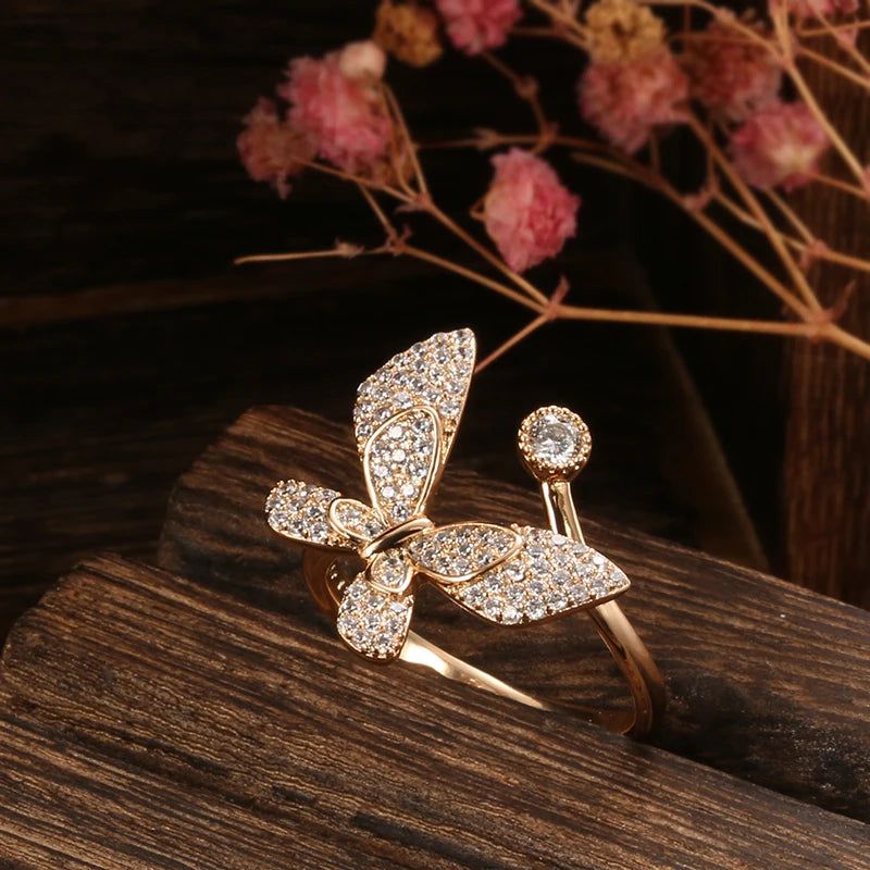 Stylish 585 Rose Gold Butterfly Cocktail Ring with Natural Zircon Accents