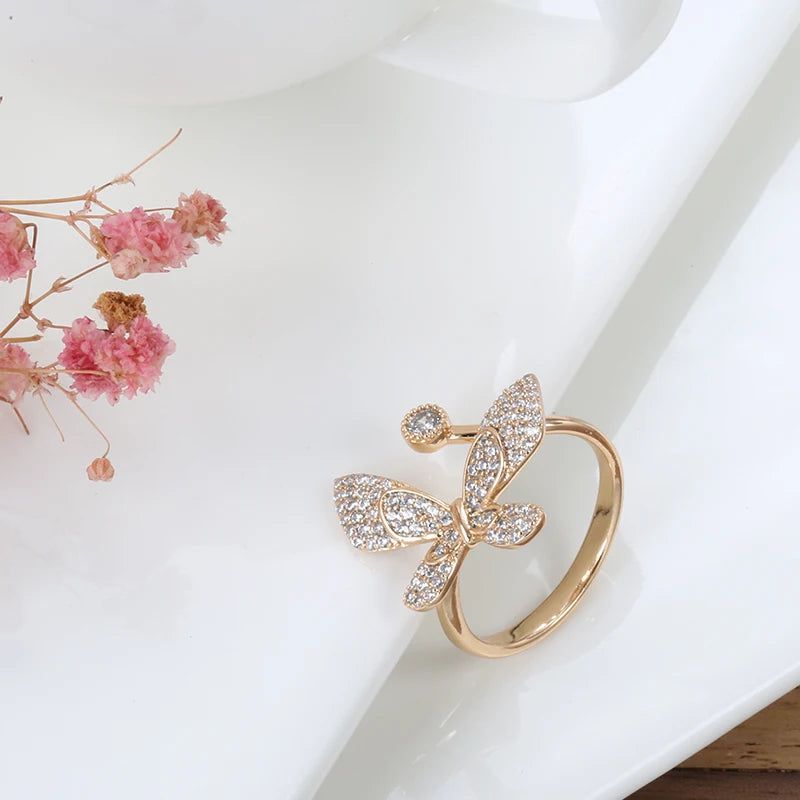 Stylish 585 Rose Gold Butterfly Cocktail Ring with Natural Zircon Accents